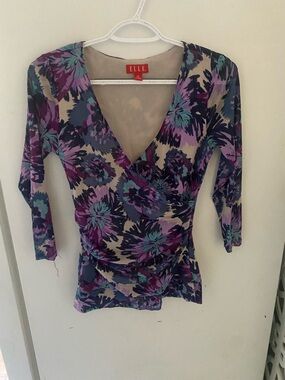 ELLE Purple Floral Wrap-Front Blouse with Teal Accents